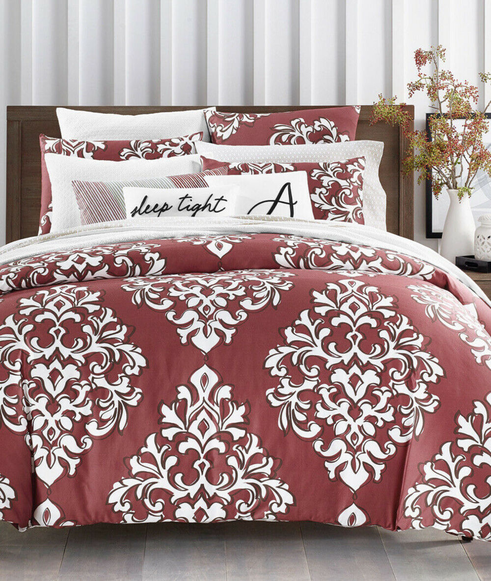 Charter Club Damask Designs Outline  3 PC Duvet Cover Set Maroon Red King NEW